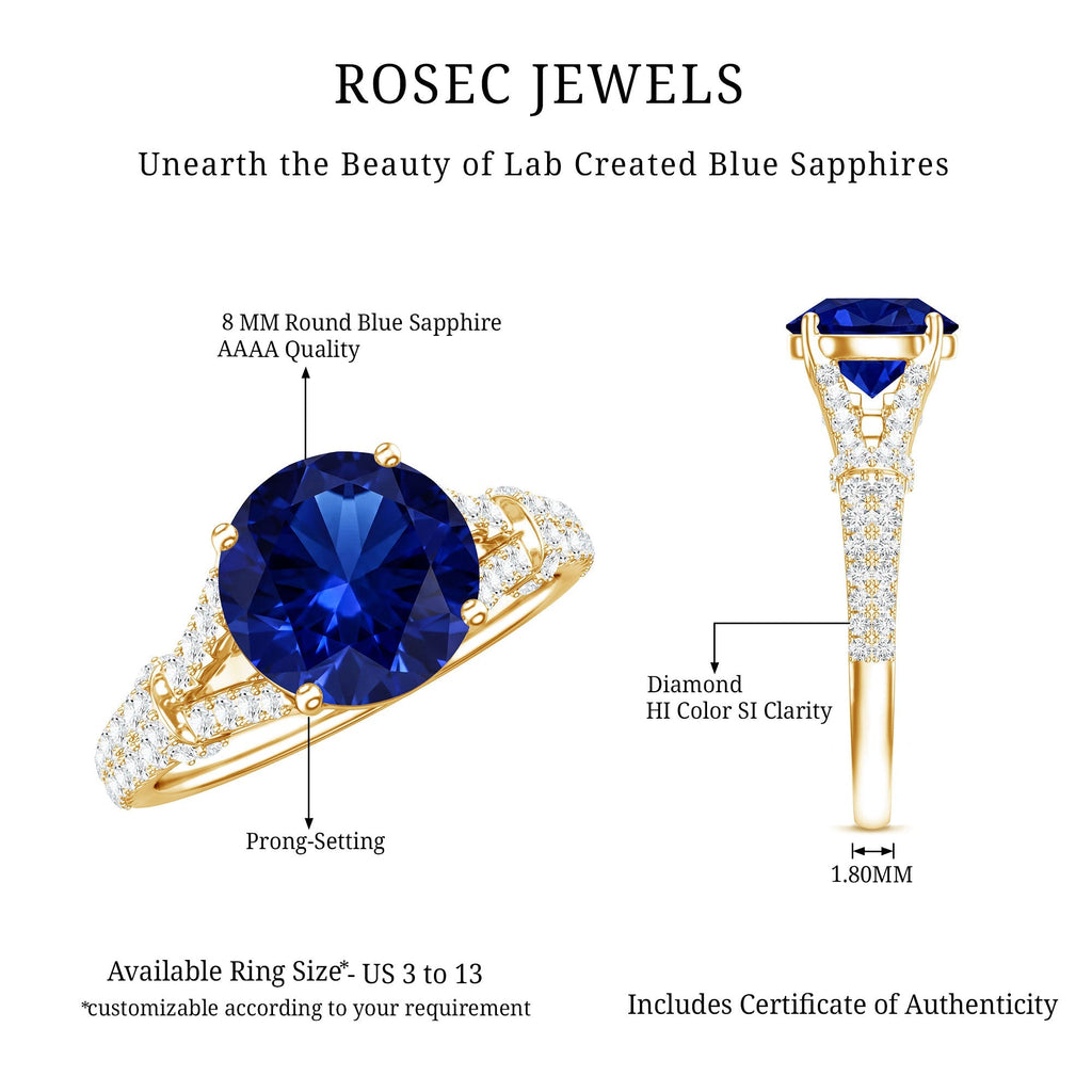 Lab Grown Sapphire Ring, Blue Sapphire Diamond Split Shank Band