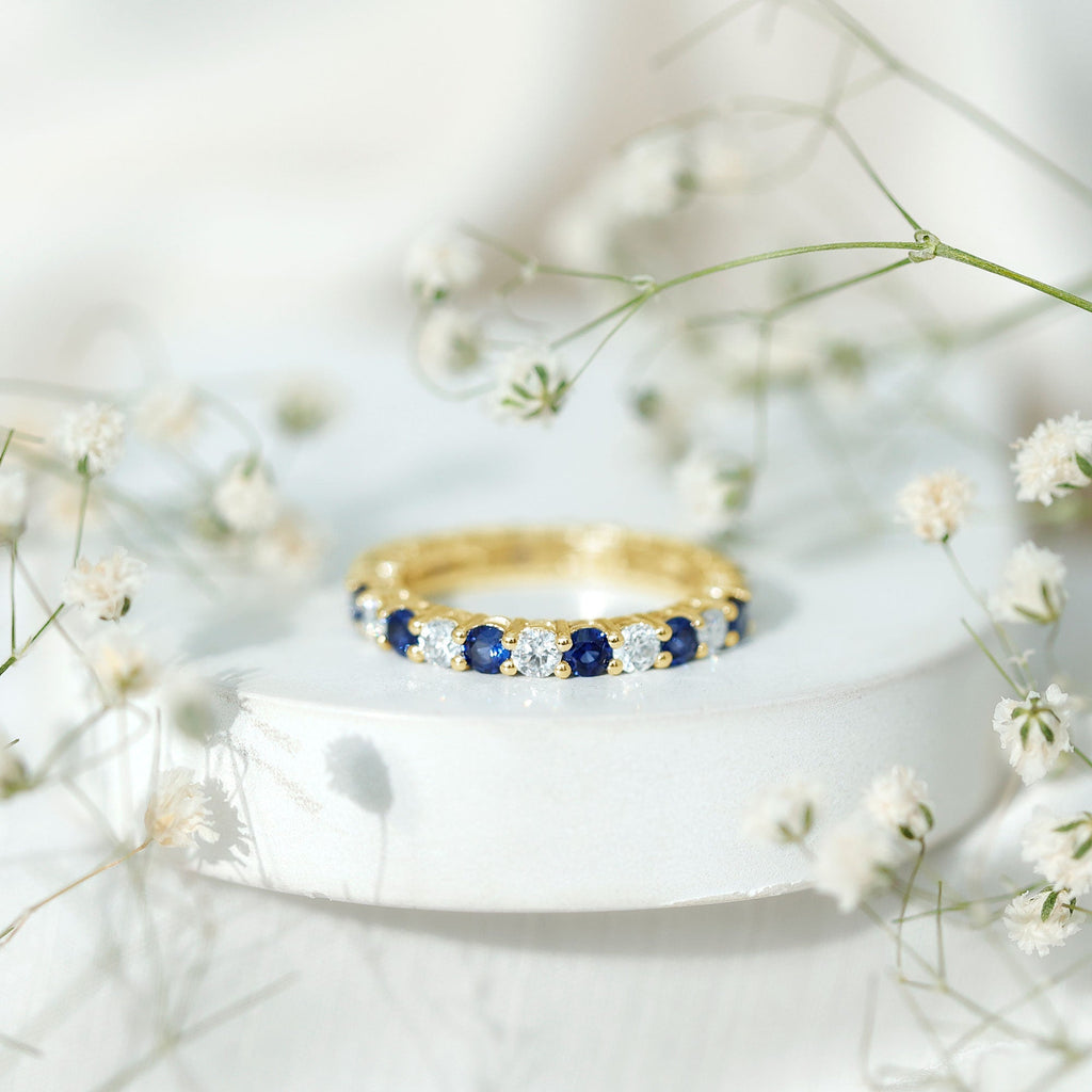 Lab Grown Sapphire Ring Blue Sapphire Moissanite Eternity Band