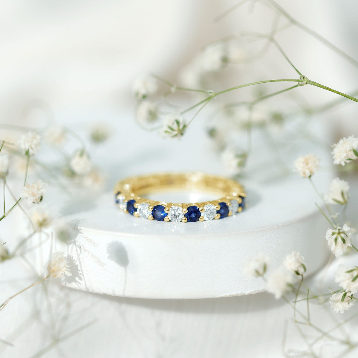 Lab Grown Sapphire Ring Blue Sapphire Moissanite Eternity Band