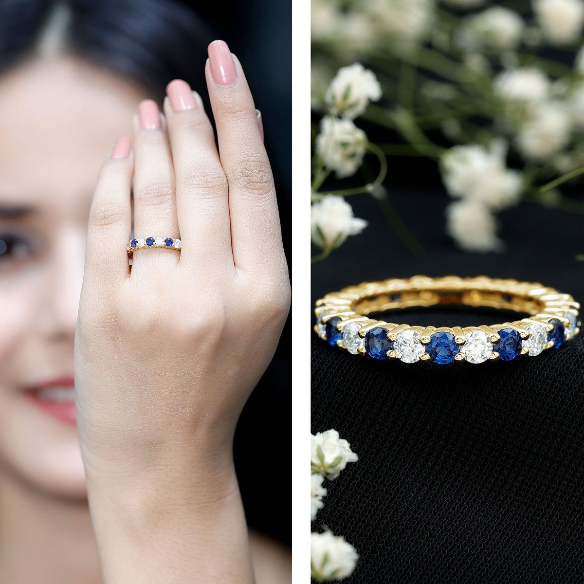 Lab Grown Sapphire Ring Blue Sapphire Moissanite Eternity Band