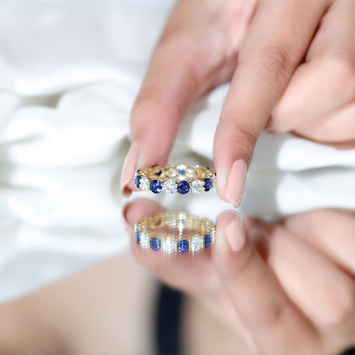 Lab Grown Sapphire Ring Blue Sapphire Moissanite Eternity Band