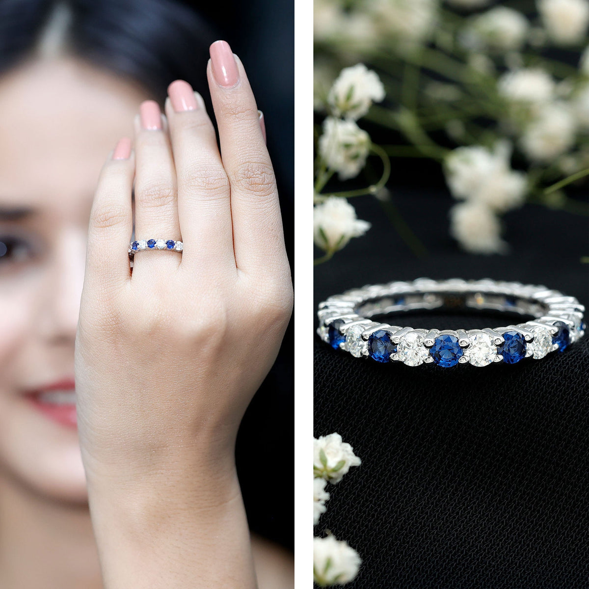 Lab Grown Sapphire Ring Blue Sapphire Moissanite Eternity Band