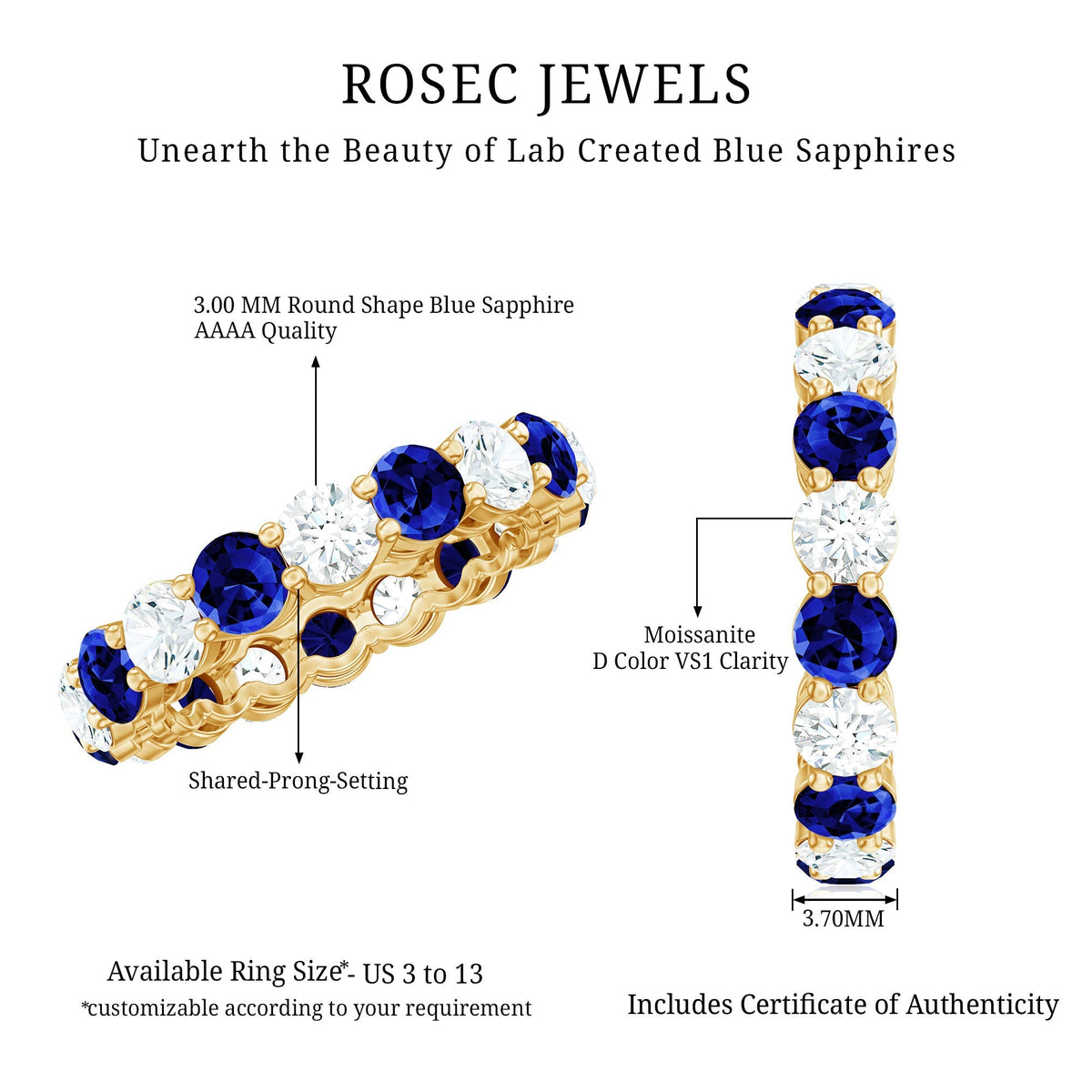 Lab Grown Sapphire Ring Blue Sapphire Moissanite Eternity Band