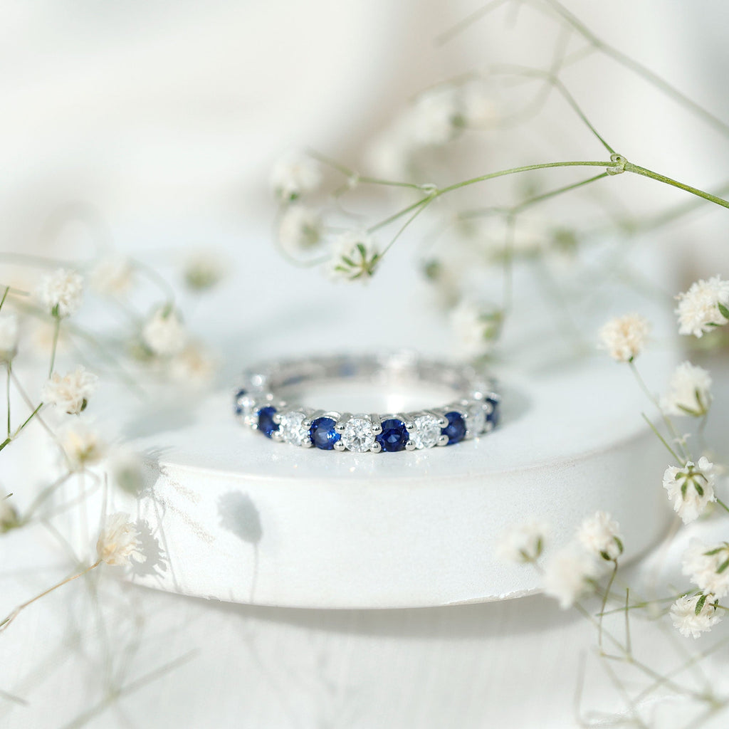 Lab Grown Sapphire Ring Blue Sapphire Moissanite Eternity Band