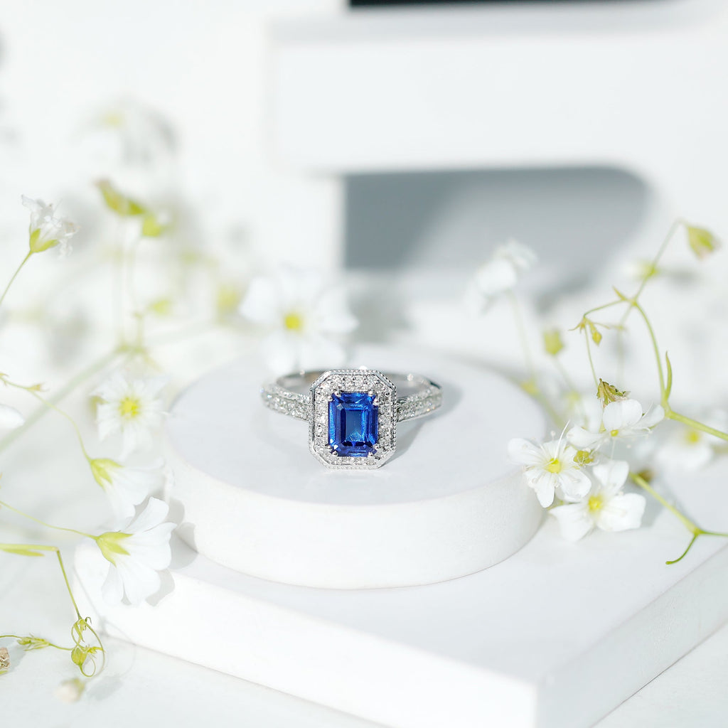 Lab Grown Sapphire Ring, Emerald Cut Blue Sapphire Halo 1.75 Ct