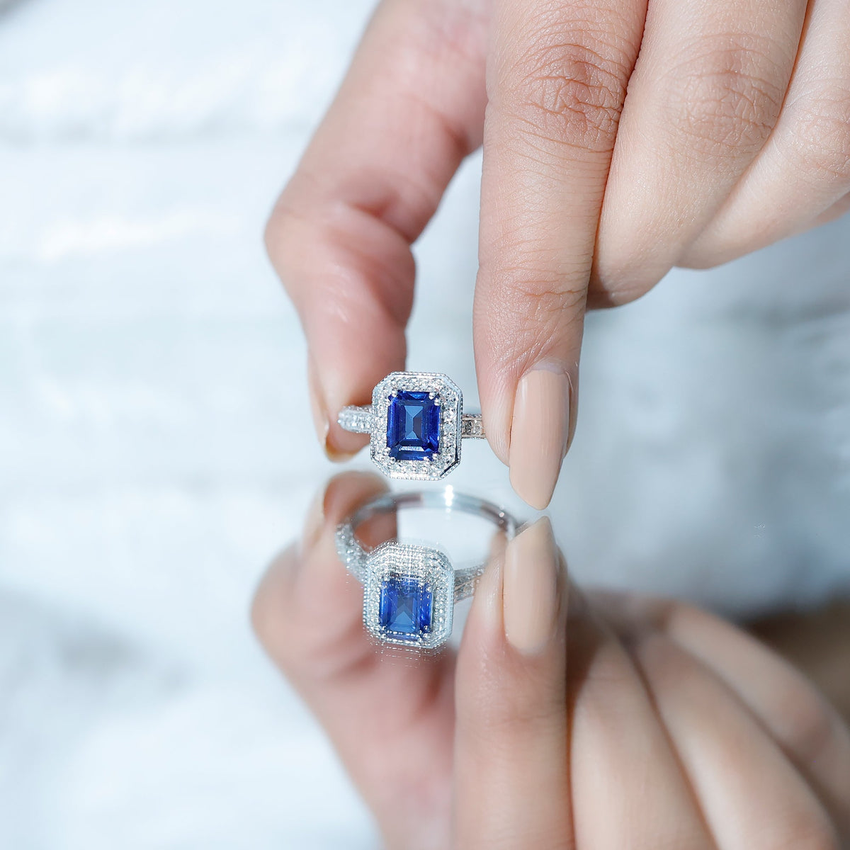 Lab Grown Sapphire Ring, Emerald Cut Blue Sapphire Halo 1.75 Ct