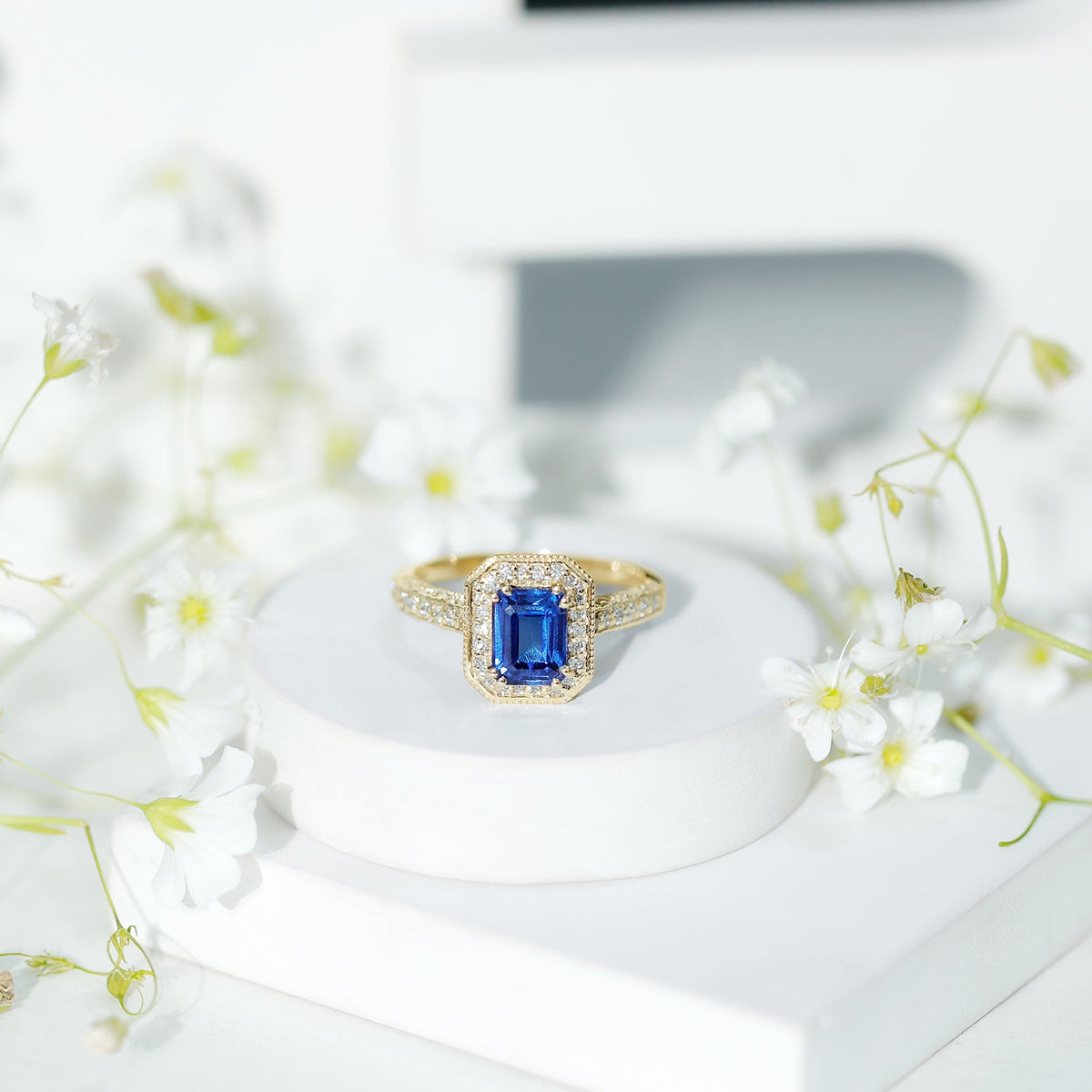 Lab Grown Sapphire Ring, Emerald Cut Blue Sapphire Halo 1.75 Ct