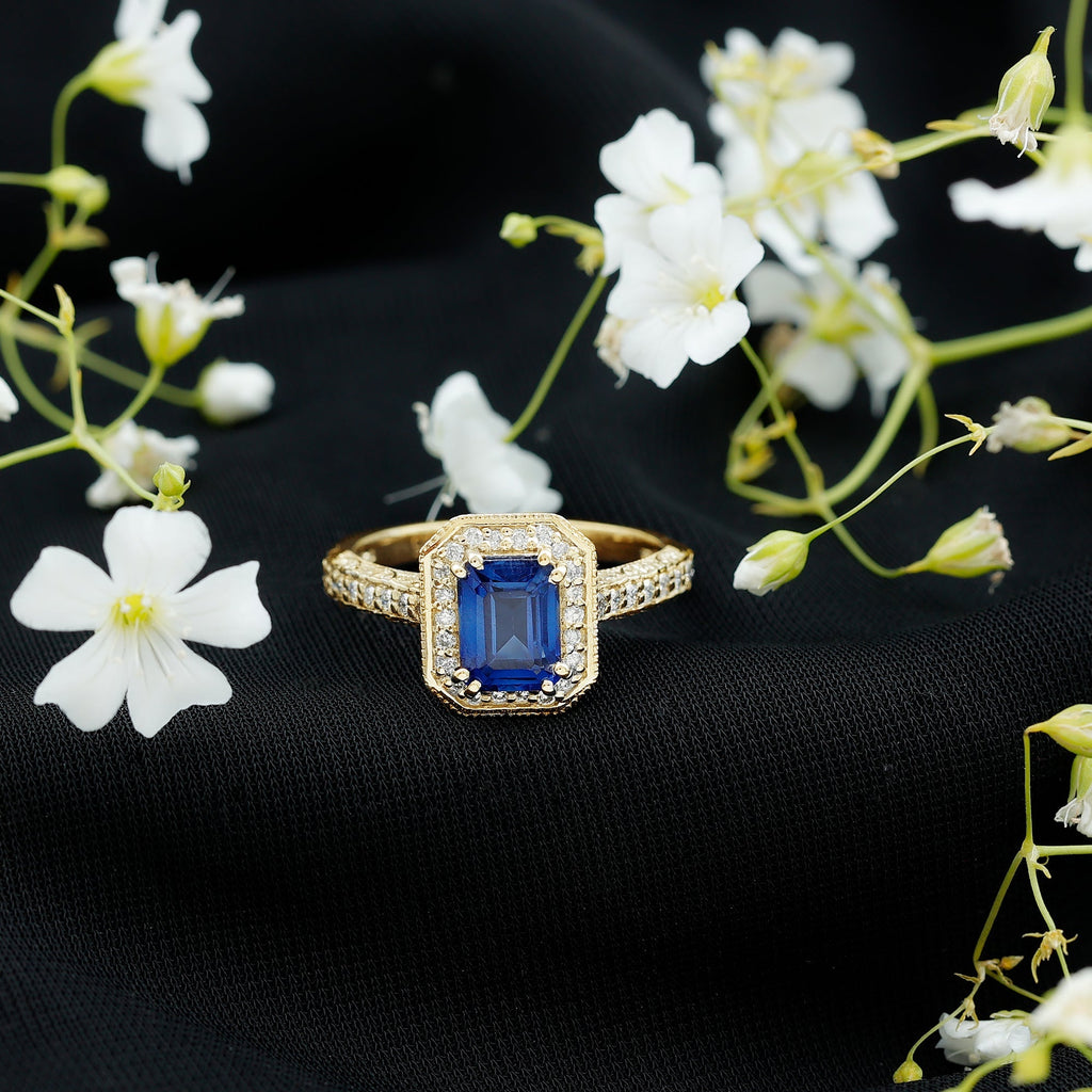 Lab Grown Sapphire Ring, Emerald Cut Blue Sapphire Halo 1.75 Ct