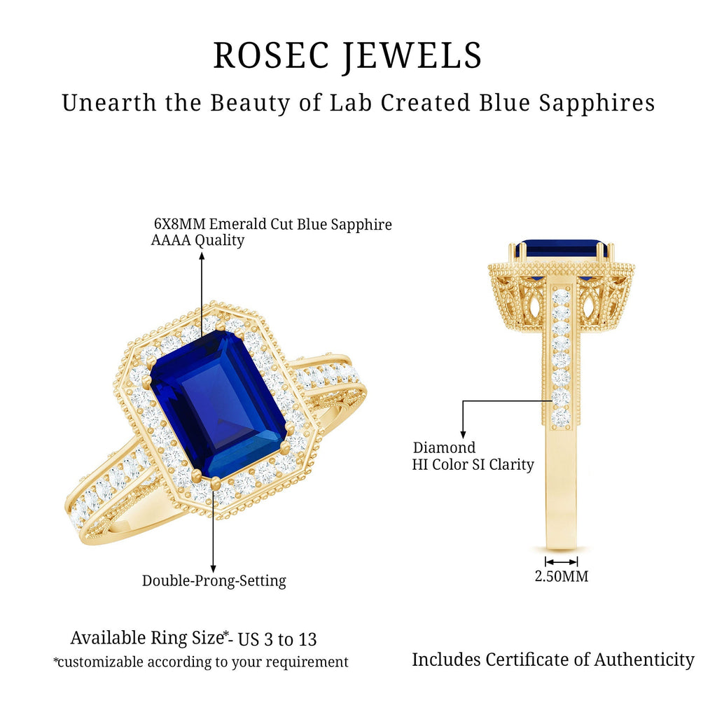 Lab Grown Sapphire Ring, Emerald Cut Blue Sapphire Halo 1.75 Ct