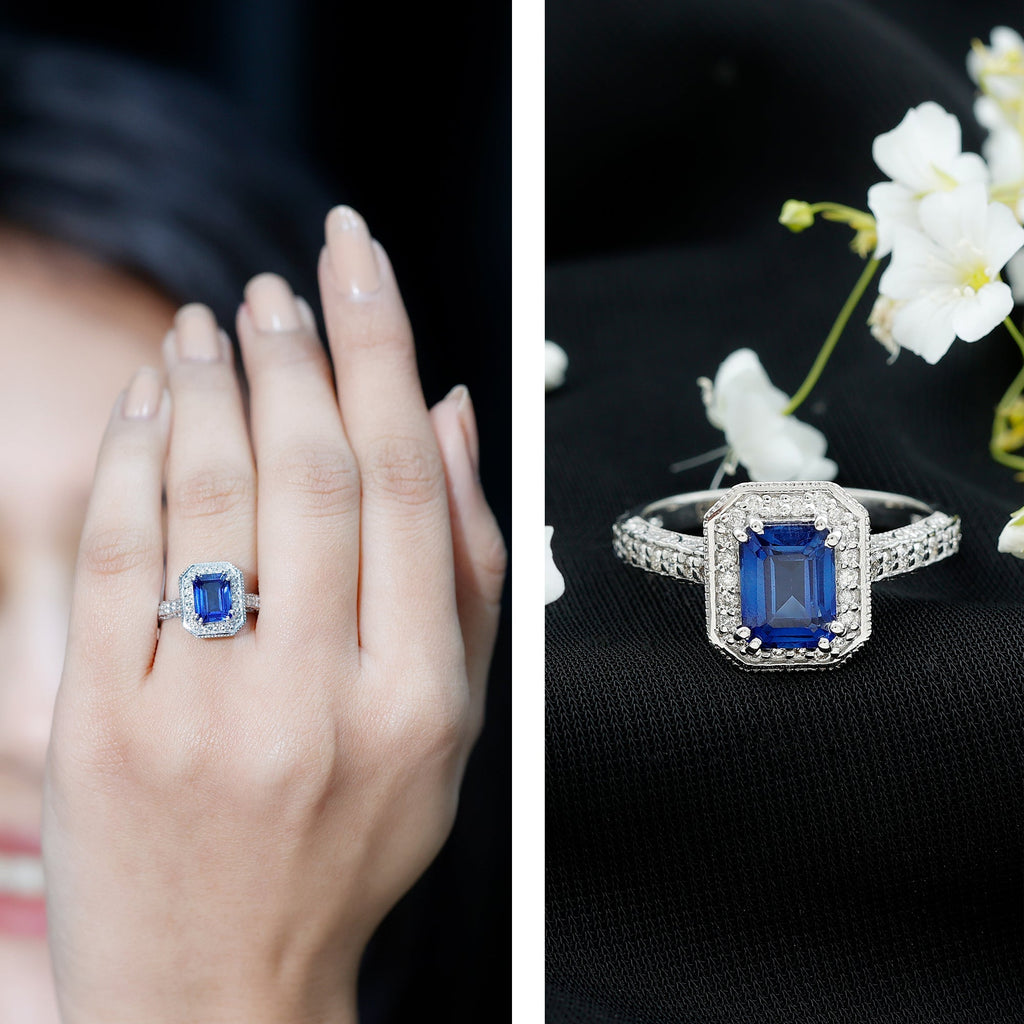 Lab Grown Sapphire Ring, Emerald Cut Blue Sapphire Halo 1.75 Ct