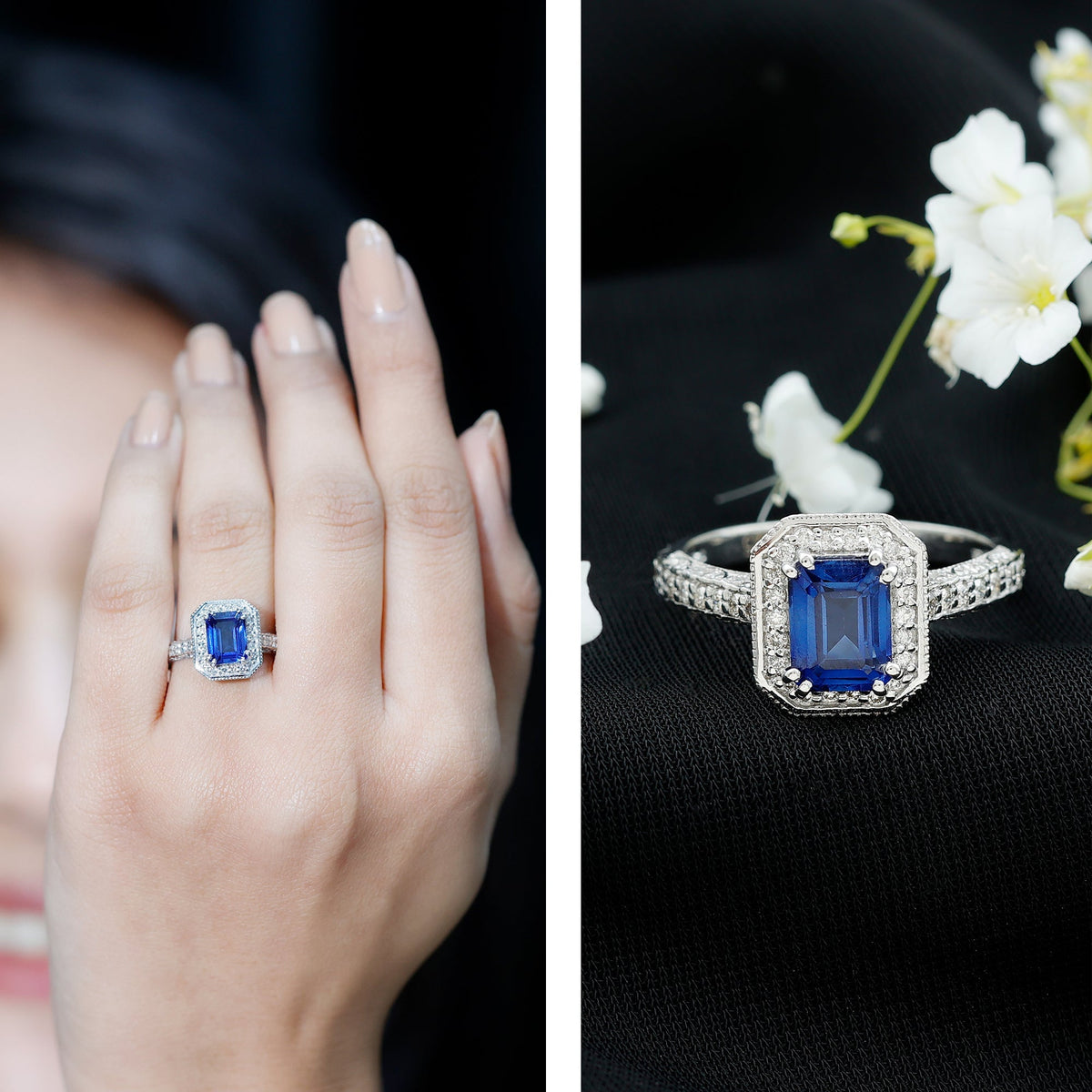 Lab Grown Sapphire Ring, Emerald Cut Blue Sapphire Halo 1.75 Ct