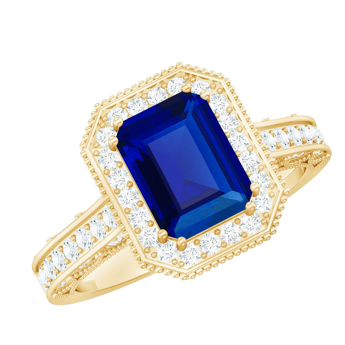 Lab Grown Sapphire Ring, Emerald Cut Blue Sapphire Halo 1.75 Ct