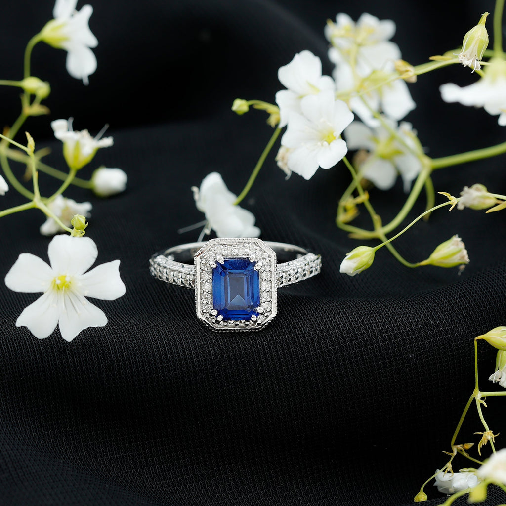 Lab Grown Sapphire Ring, Emerald Cut Blue Sapphire Halo 1.75 Ct