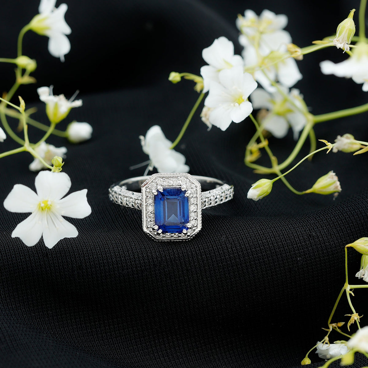 Lab Grown Sapphire Ring, Emerald Cut Blue Sapphire Halo 1.75 Ct