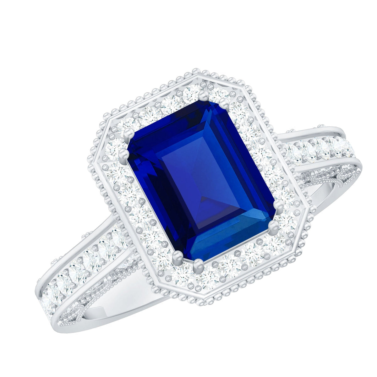 Lab Grown Sapphire Ring, Emerald Cut Blue Sapphire Halo 1.75 Ct