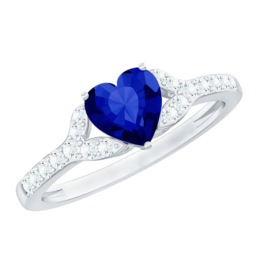 Lab Grown Sapphire Ring, Heart Blue Diamond Split Shank Ring