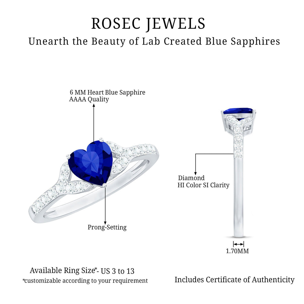 Lab Grown Sapphire Ring, Heart Blue Diamond Split Shank Ring