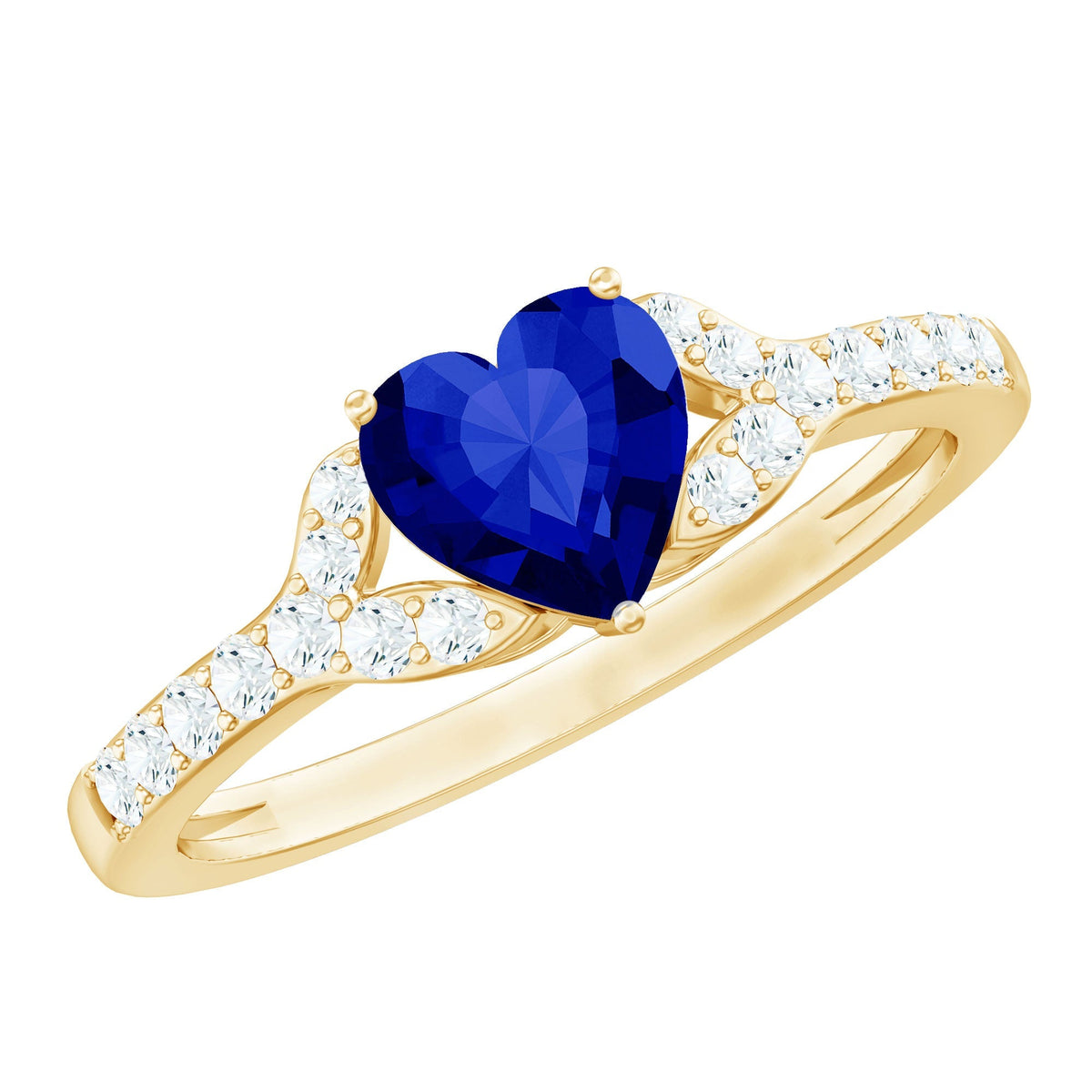 Lab Grown Sapphire Ring, Heart Blue Diamond Split Shank Ring