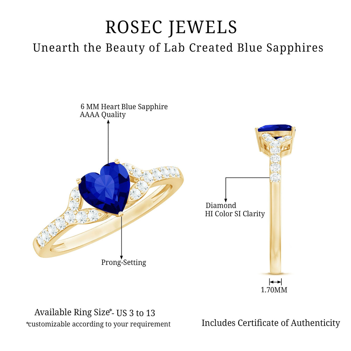 Lab Grown Sapphire Ring, Heart Blue Diamond Split Shank Ring