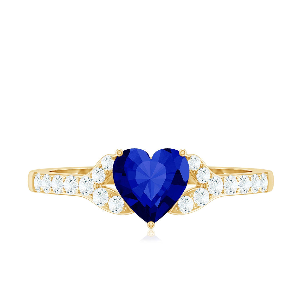 Lab Grown Sapphire Ring, Heart Blue Diamond Split Shank Ring