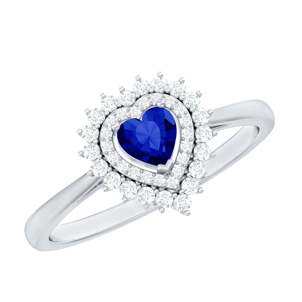 Lab Grown Sapphire Ring, Heart Blue Sapphire Diamond Double Halo