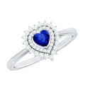 Lab Grown Sapphire Ring, Heart Blue Sapphire Diamond Double Halo