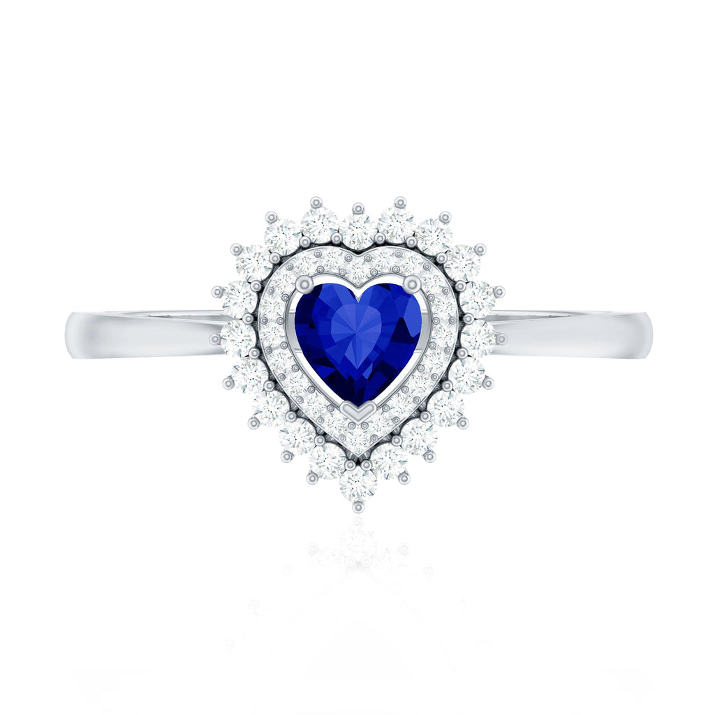 Lab Grown Sapphire Ring, Heart Blue Sapphire Diamond Double Halo