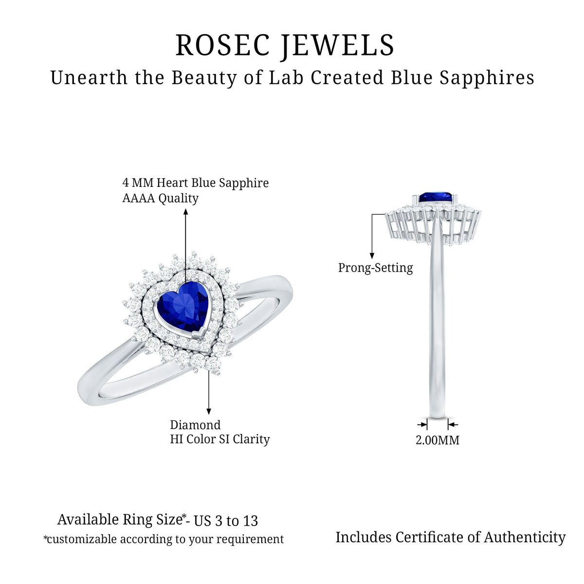 Lab Grown Sapphire Ring, Heart Blue Sapphire Diamond Double Halo