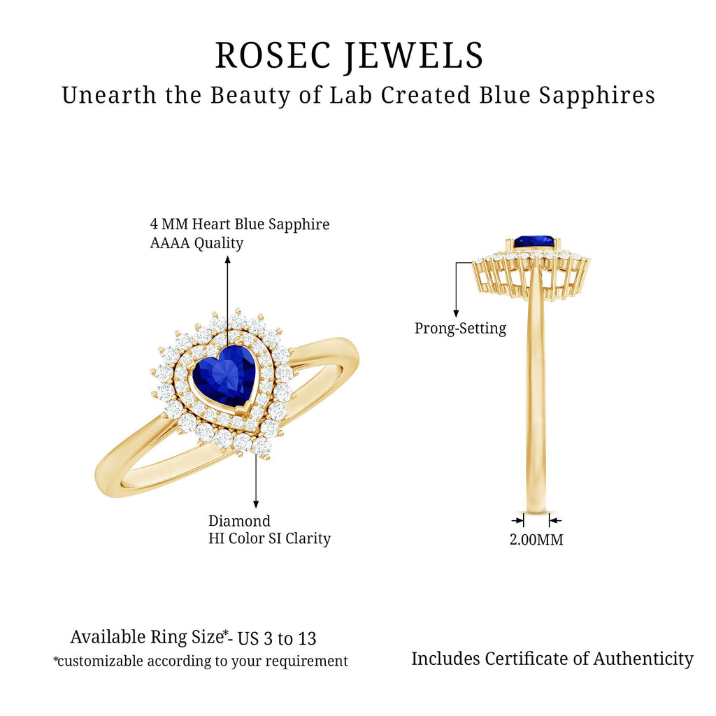 Lab Grown Sapphire Ring, Heart Blue Sapphire Diamond Double Halo