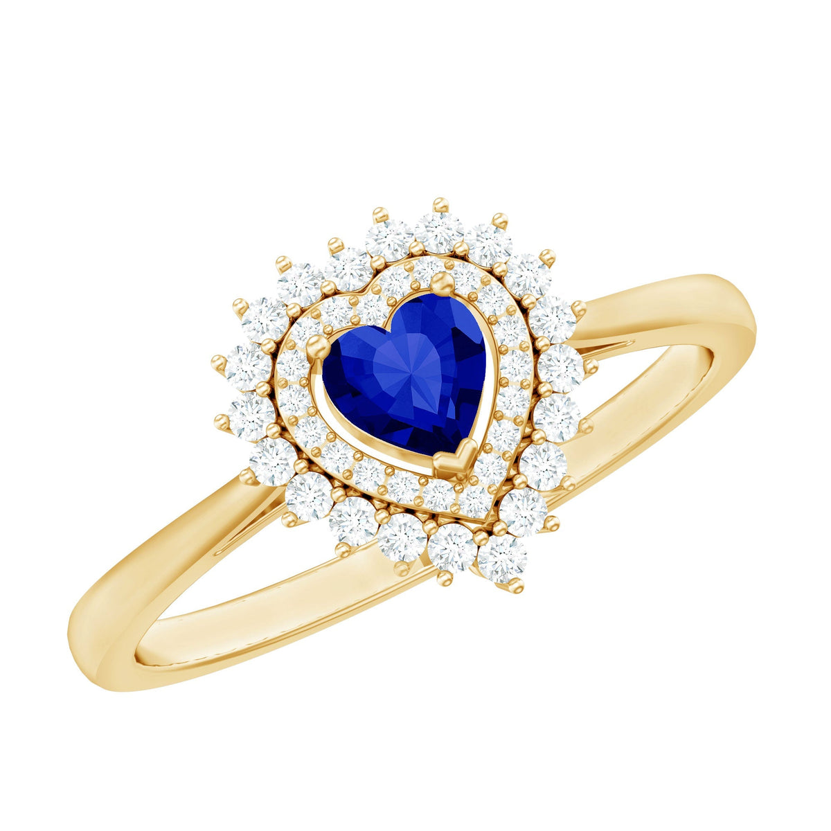 Lab Grown Sapphire Ring, Heart Blue Sapphire Diamond Double Halo