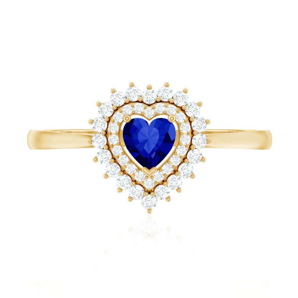 Lab Grown Sapphire Ring, Heart Blue Sapphire Diamond Double Halo