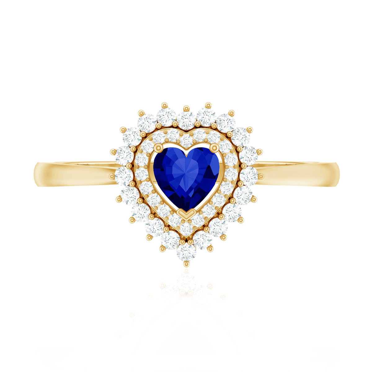 Lab Grown Sapphire Ring, Heart Blue Sapphire Diamond Double Halo