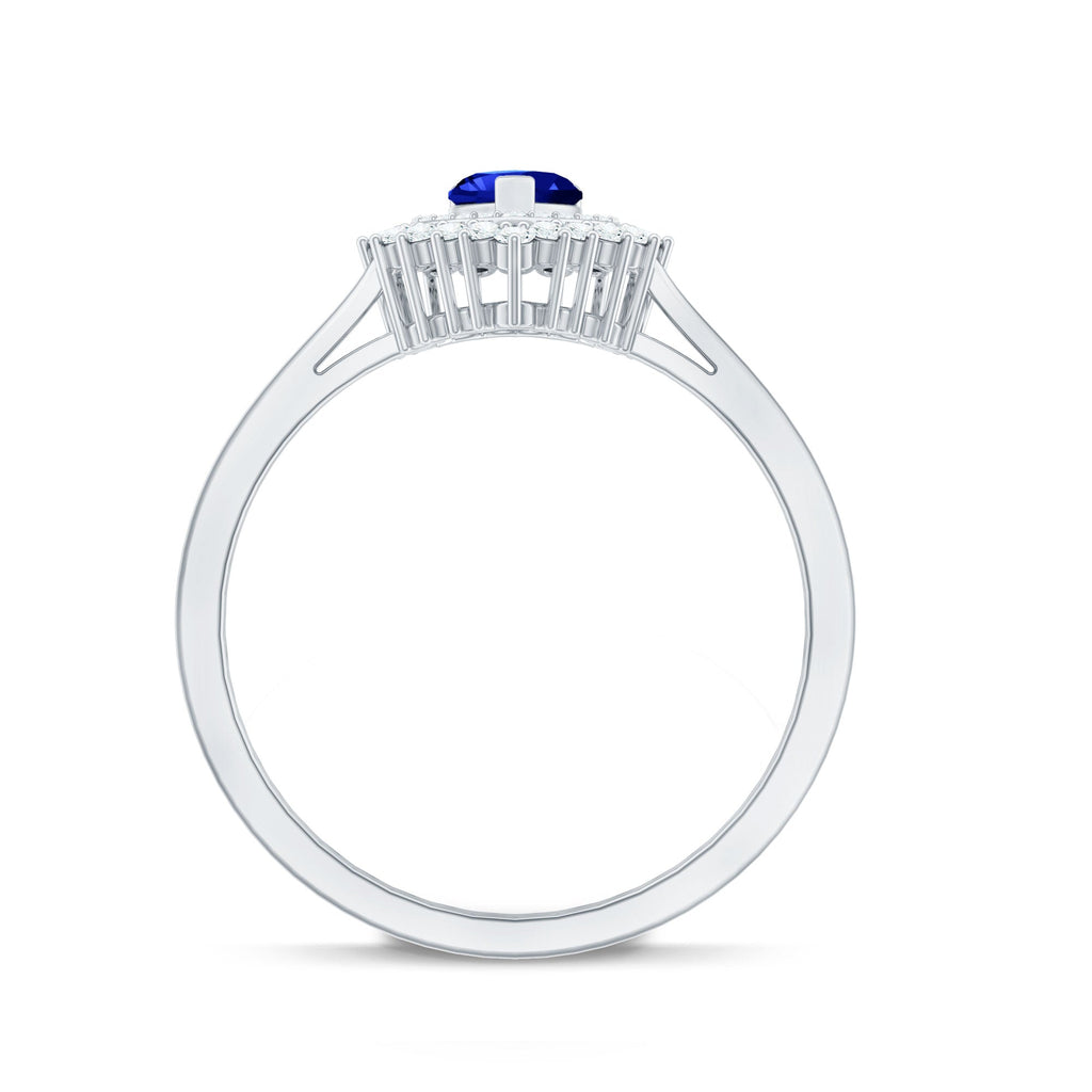 Lab Grown Sapphire Ring, Heart Blue Sapphire Diamond Double Halo