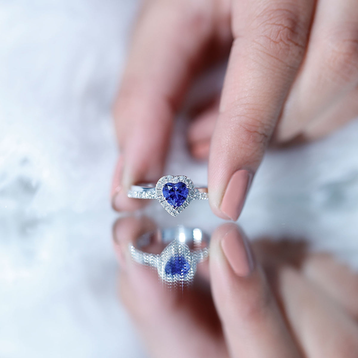 Lab Grown Sapphire Ring, Heart Blue Sapphire Diamond Halo Ring