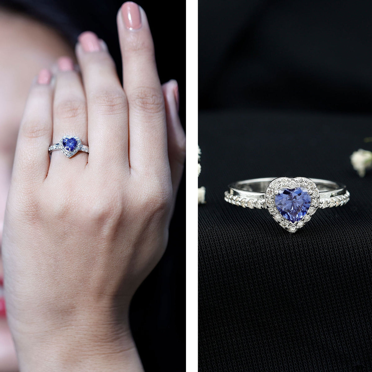Lab Grown Sapphire Ring, Heart Blue Sapphire Diamond Halo Ring