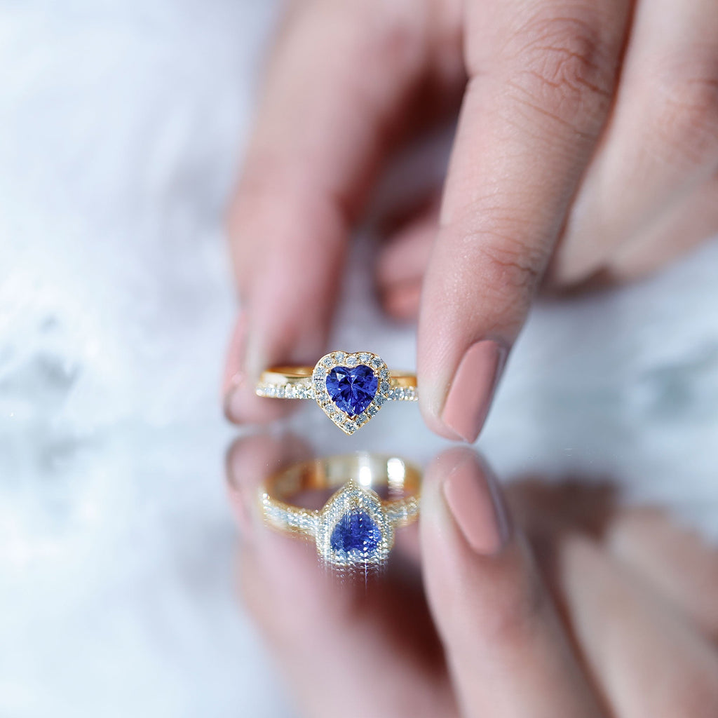 Lab Grown Sapphire Ring, Heart Blue Sapphire Diamond Halo Ring