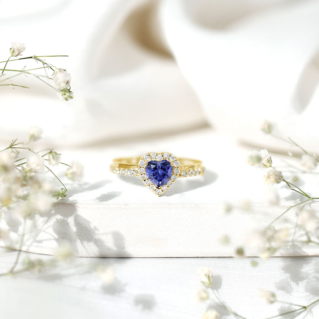 Lab Grown Sapphire Ring, Heart Blue Sapphire Diamond Halo Ring