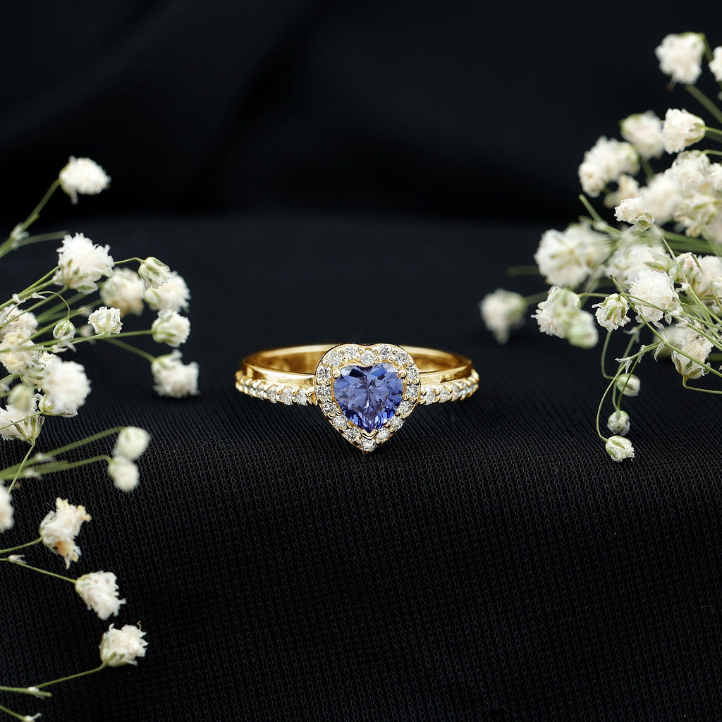 Lab Grown Sapphire Ring, Heart Blue Sapphire Diamond Halo Ring