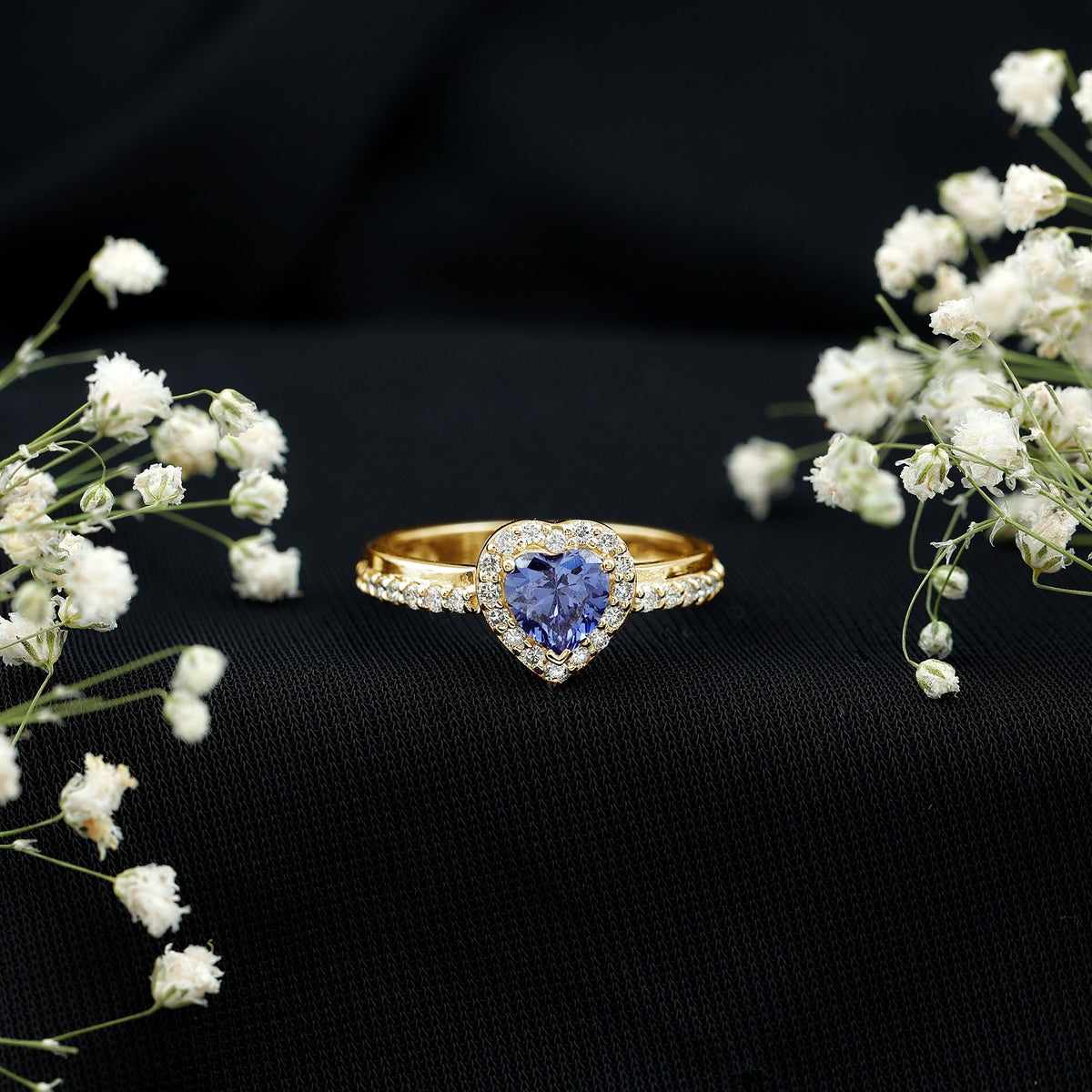 Lab Grown Sapphire Ring, Heart Blue Sapphire Diamond Halo Ring