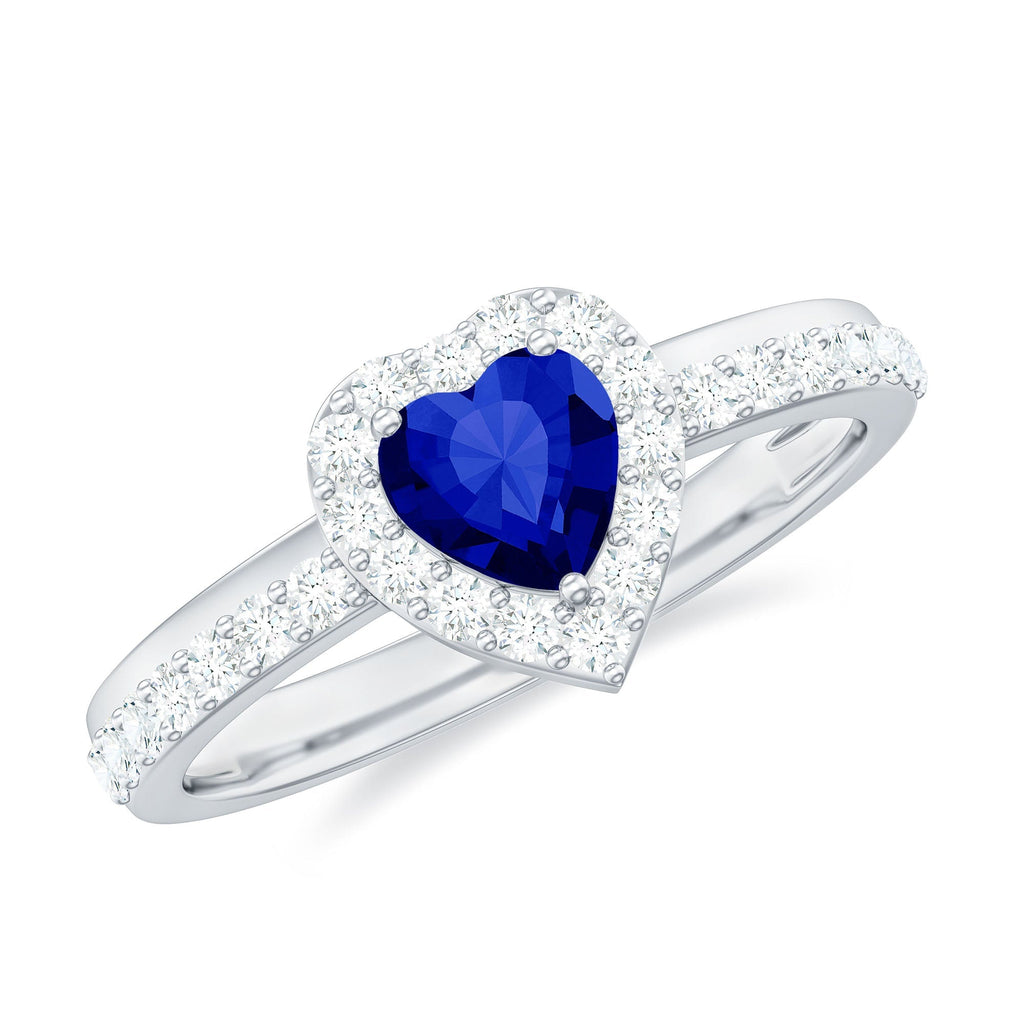 Lab Grown Sapphire Ring, Heart Blue Sapphire Diamond Halo Ring