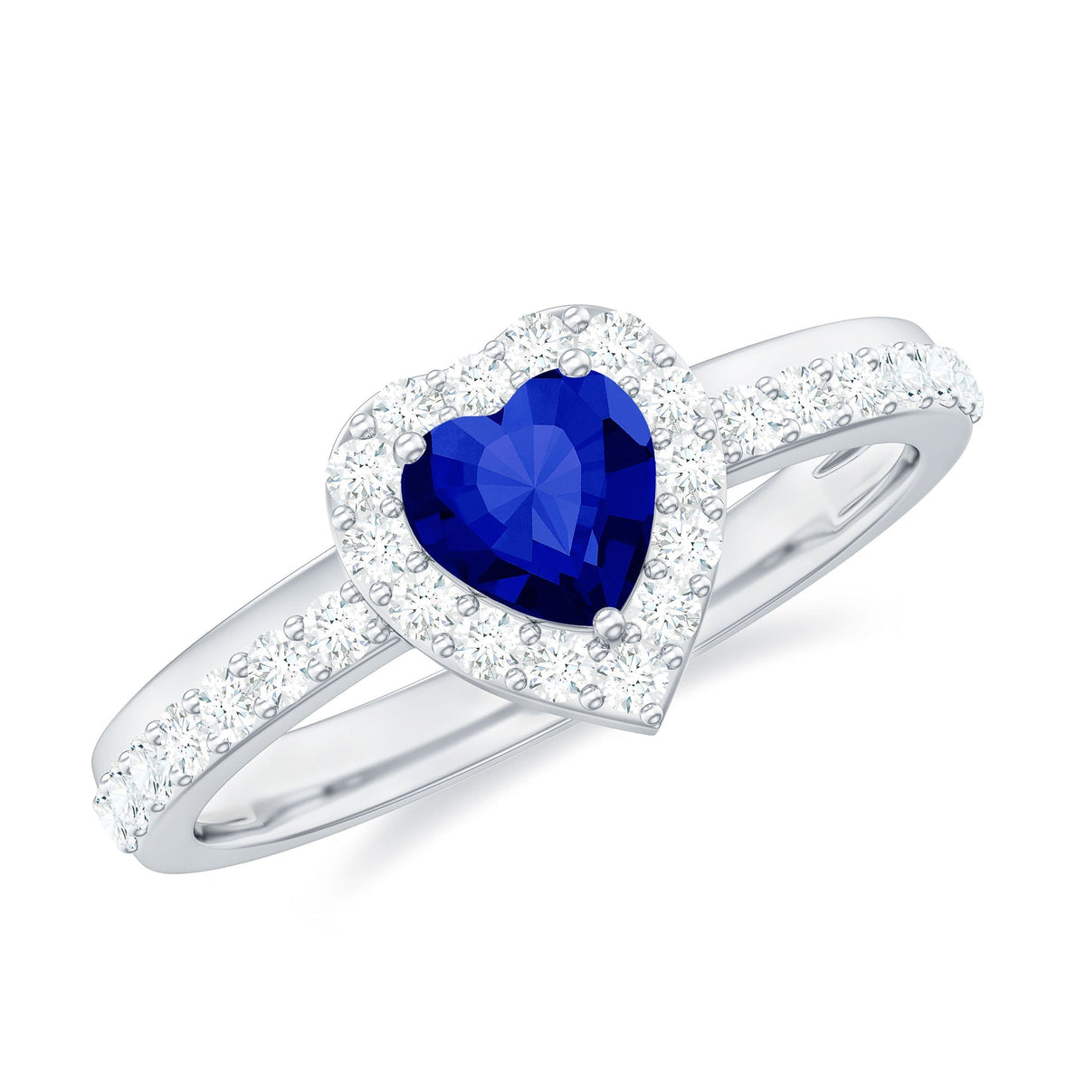 Lab Grown Sapphire Ring, Heart Blue Sapphire Diamond Halo Ring