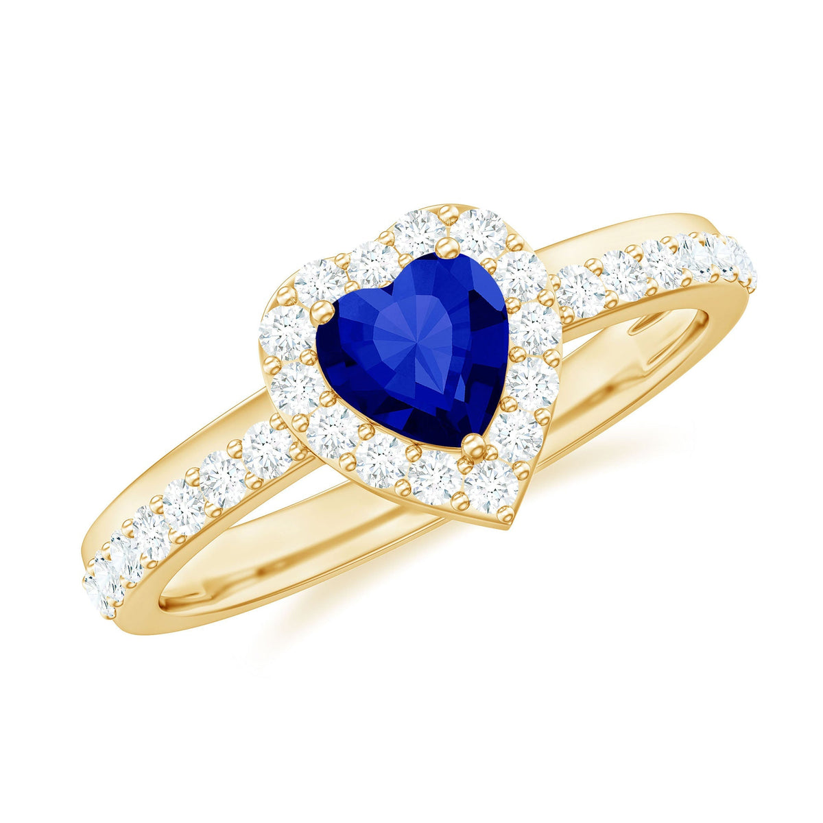 Lab Grown Sapphire Ring, Heart Blue Sapphire Diamond Halo Ring