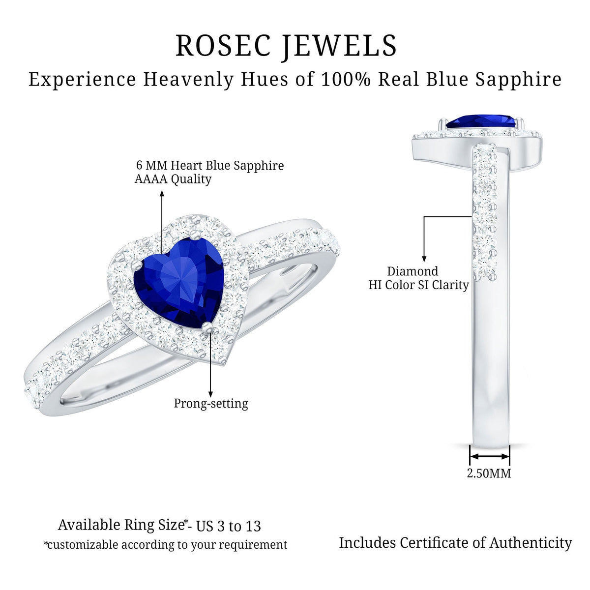 Lab Grown Sapphire Ring, Heart Blue Sapphire Diamond Halo Ring