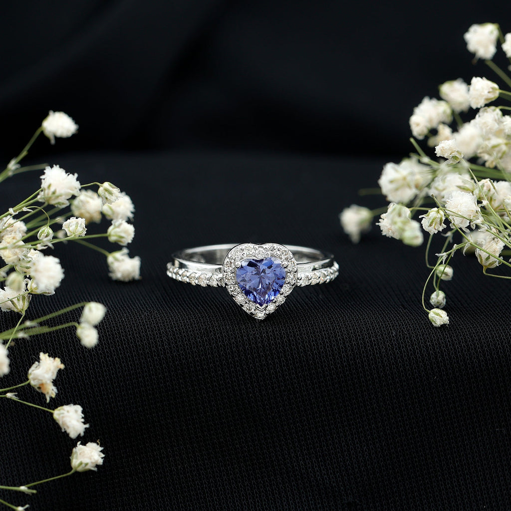 Lab Grown Sapphire Ring, Heart Blue Sapphire Diamond Halo Ring