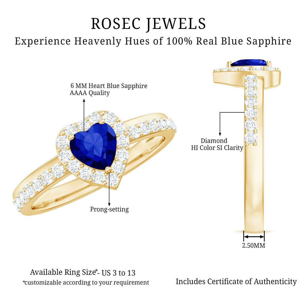 Lab Grown Sapphire Ring, Heart Blue Sapphire Diamond Halo Ring