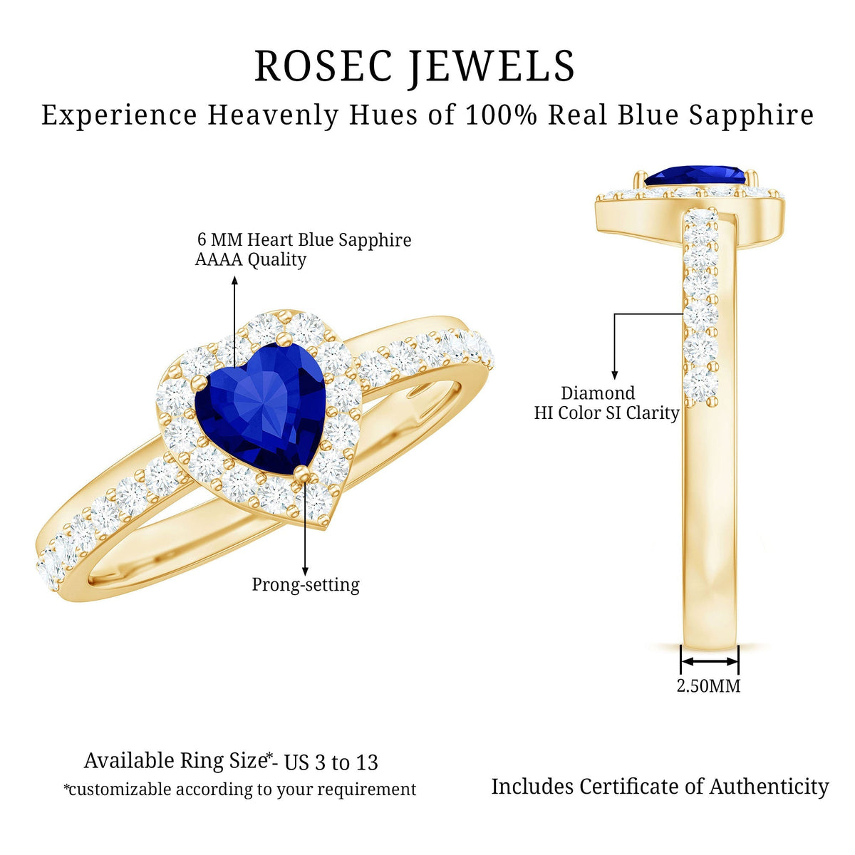 Lab Grown Sapphire Ring, Heart Blue Sapphire Diamond Halo Ring