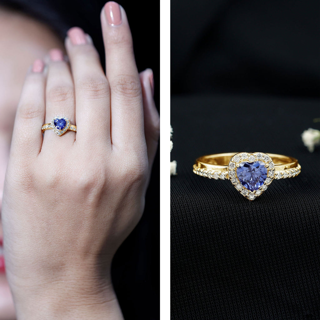 Lab Grown Sapphire Ring, Heart Blue Sapphire Diamond Halo Ring
