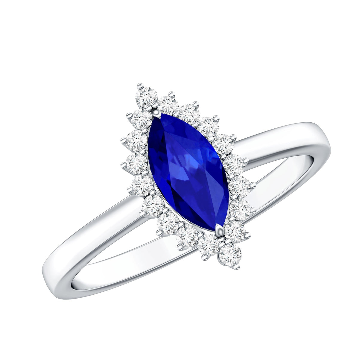 Lab Grown Sapphire Ring Marquise Cut Diamond Halo Engagement Ring