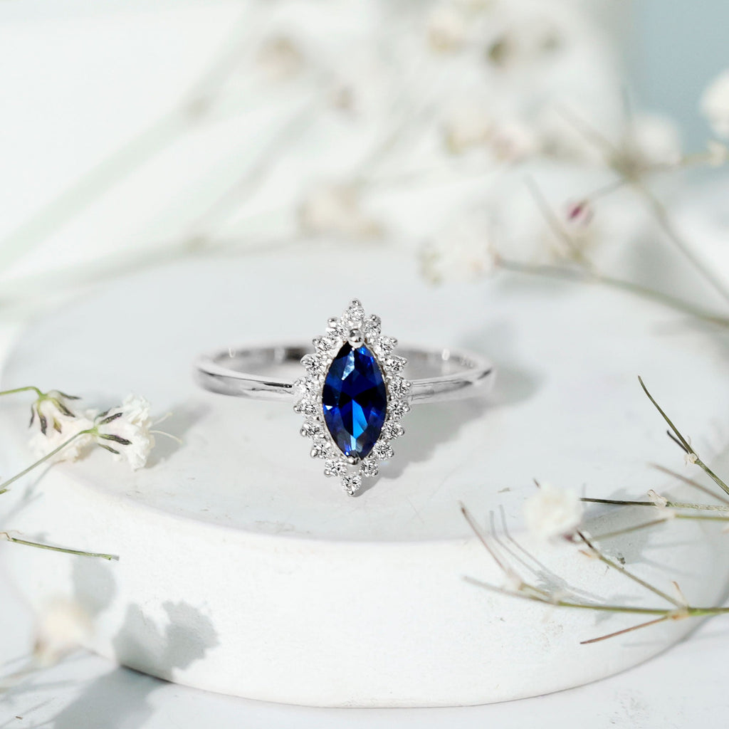 Lab Grown Sapphire Ring Marquise Cut Diamond Halo Engagement Ring