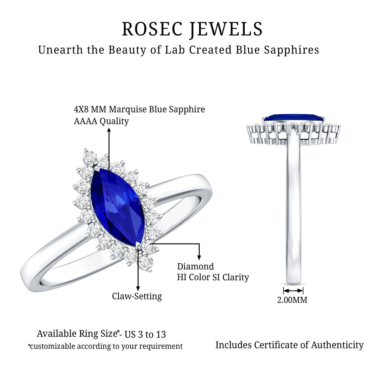Lab Grown Sapphire Ring Marquise Cut Diamond Halo Engagement Ring